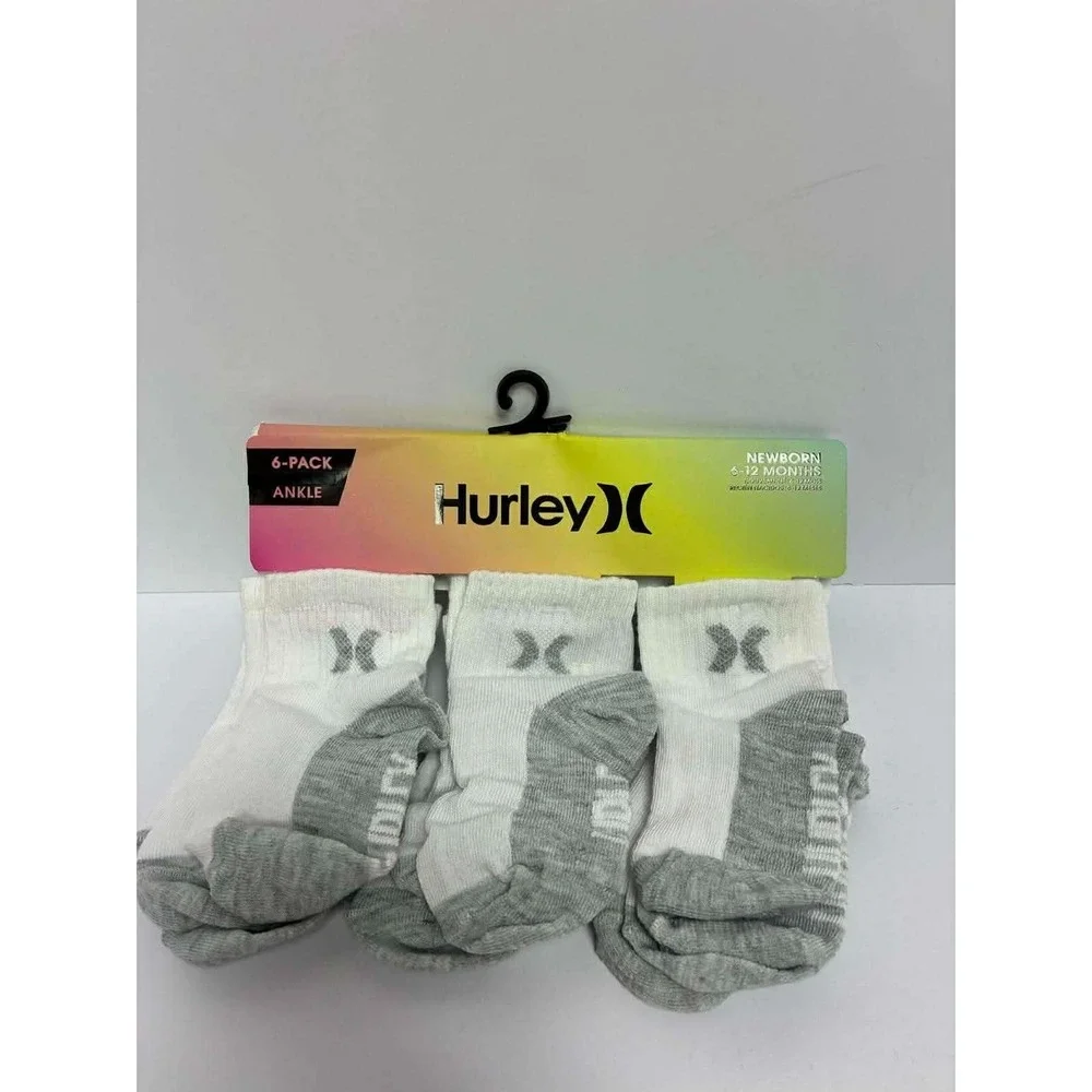 NEW 6 PACK HURLEY NEW BORN ANKLE SOCKS WHITE / GREY 6-12 MONTHS
